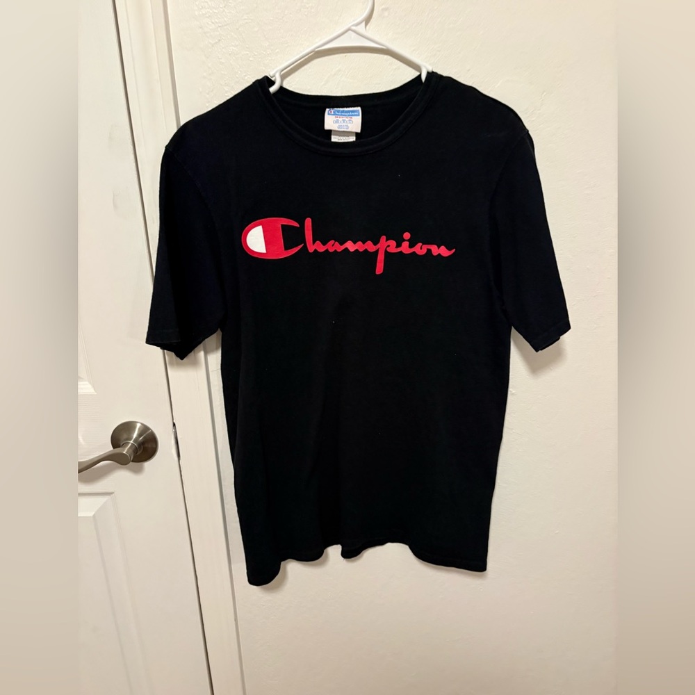 Champion Black Tee with Red Logo Script
